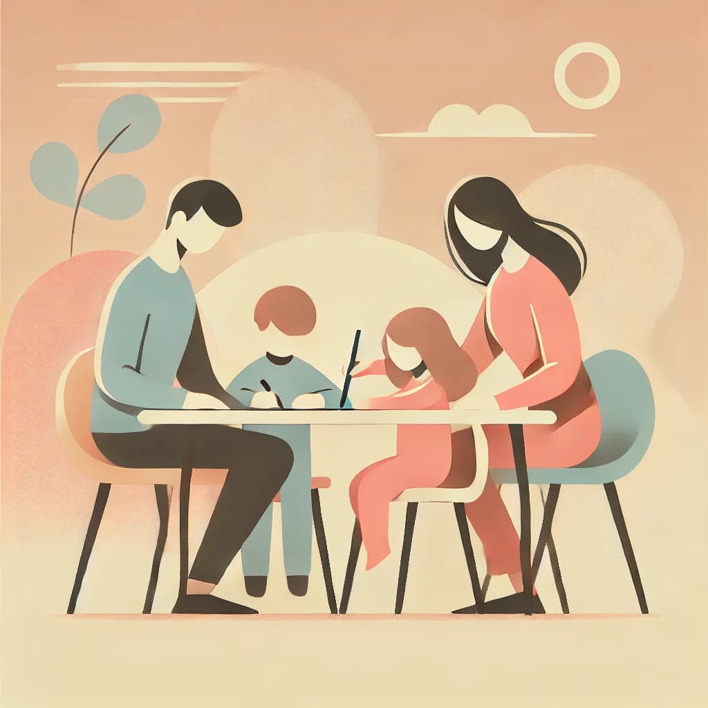 A family sitting together working on homework