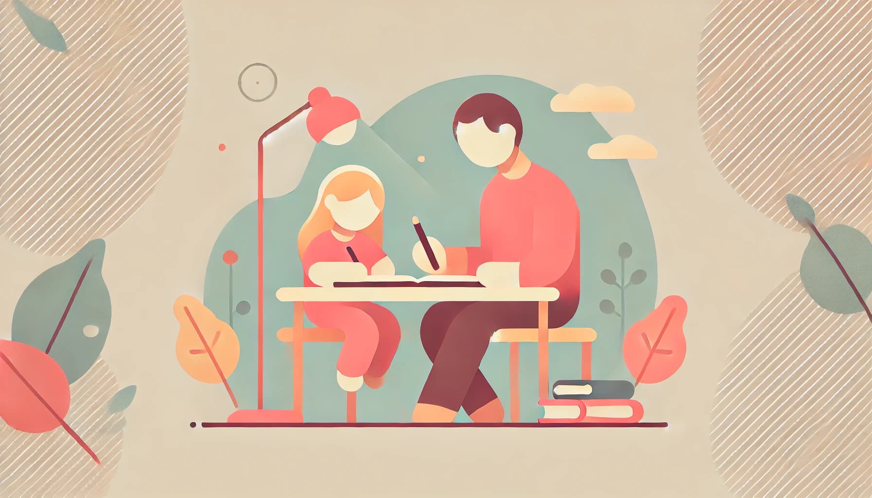A parent and child doing homework together at a table